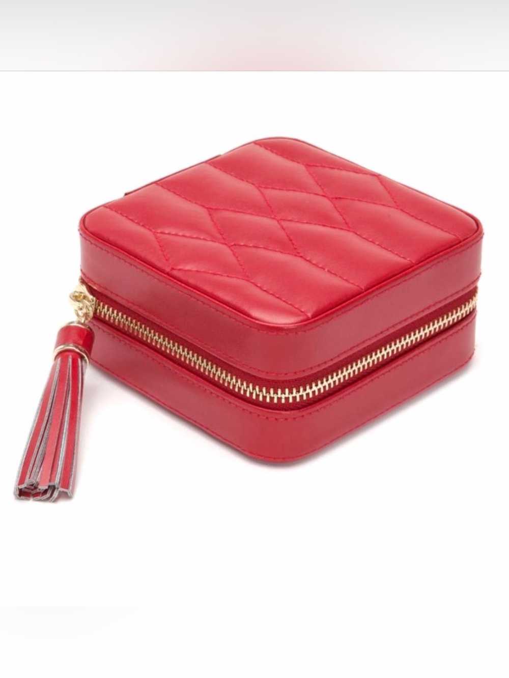 WOLF Caroline Zip Leather Jewelry Case, Quilted, Tassel Charm, Red, like new
